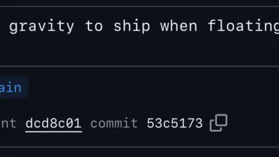 A screenshot of a commit on GitHub. The commit message reads “apply gravity to ship when floating too high”.