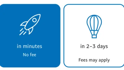 Two buttons. One has a rocket ship icon and says “in minutes, no fee”. The other is a hot air balloon which says “in 2-3 days, fees may apply”. There’s no indication at all why I would choose the second option.