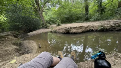 A stream in the woods, surrounded by greenery, with a some legs wearing shorts and walking boots coming in from the bottom of frame.